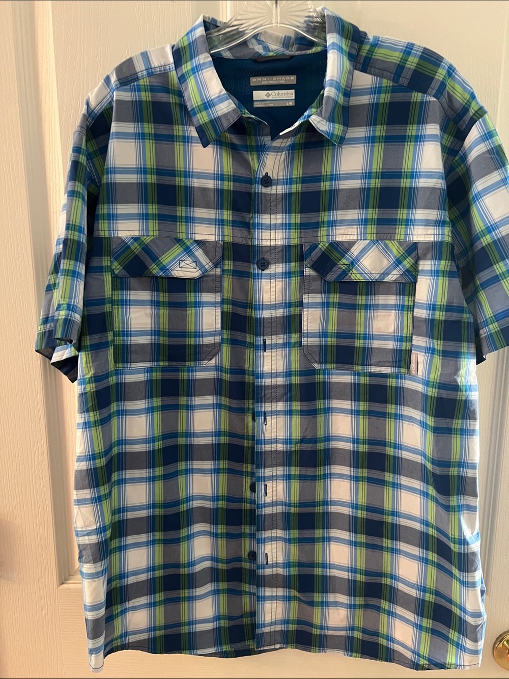 Columbia Men’s Short Sleeve Plaid Button-Down Shirt - Blue, Green, White
